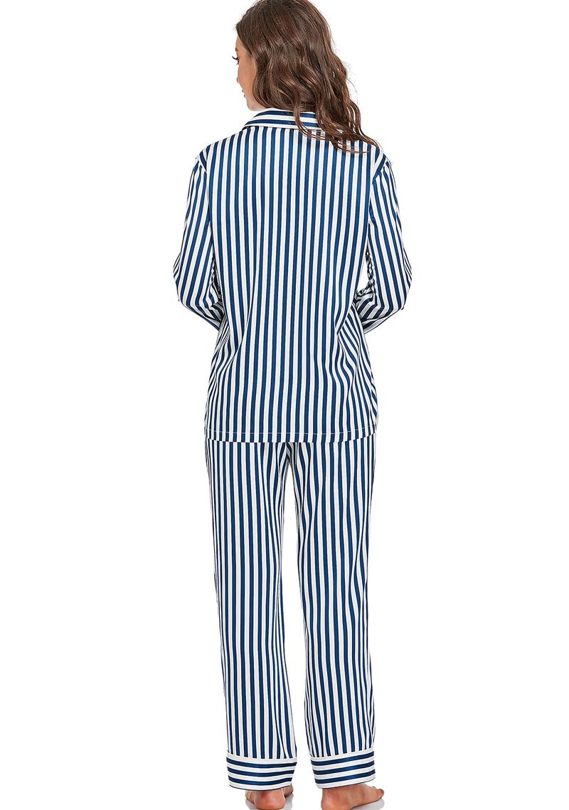 Serenedelicacy Women's Satin Pajama Set Long Sleeve Button Down Sleepwear 2-Piece Silky Pj Set (Large, Navy/Ivory, Stripe) - Image 2